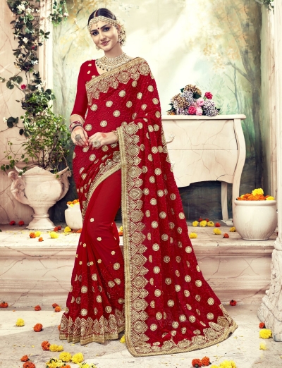 Red Faux  Georgette  Embroidered  Traditional  Saree 7403